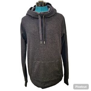 90 Degree grey raglan sleeve, cowl hood, cotton polyester blend, knit sweater L